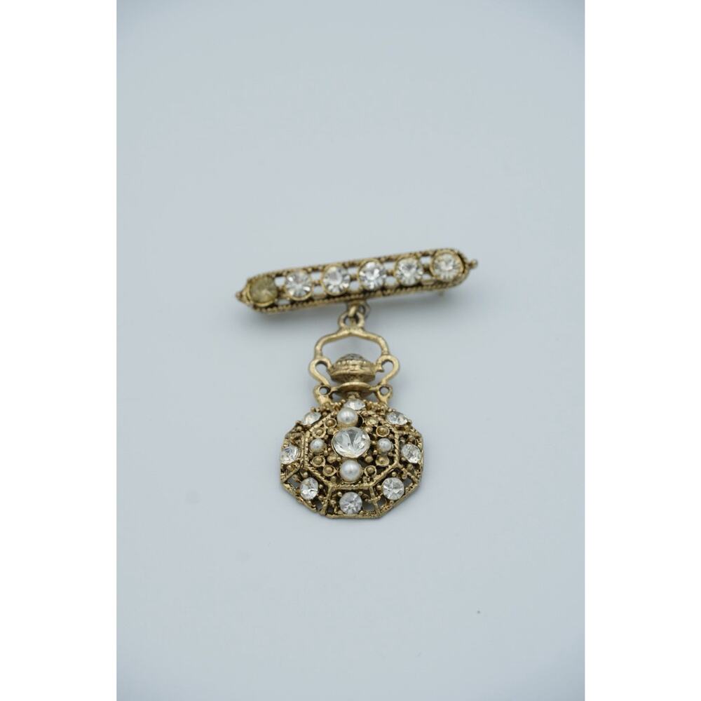 Vintage Rhinestone Faux Pearl Brooch Pocket Watch Design Dangle Bar Pin